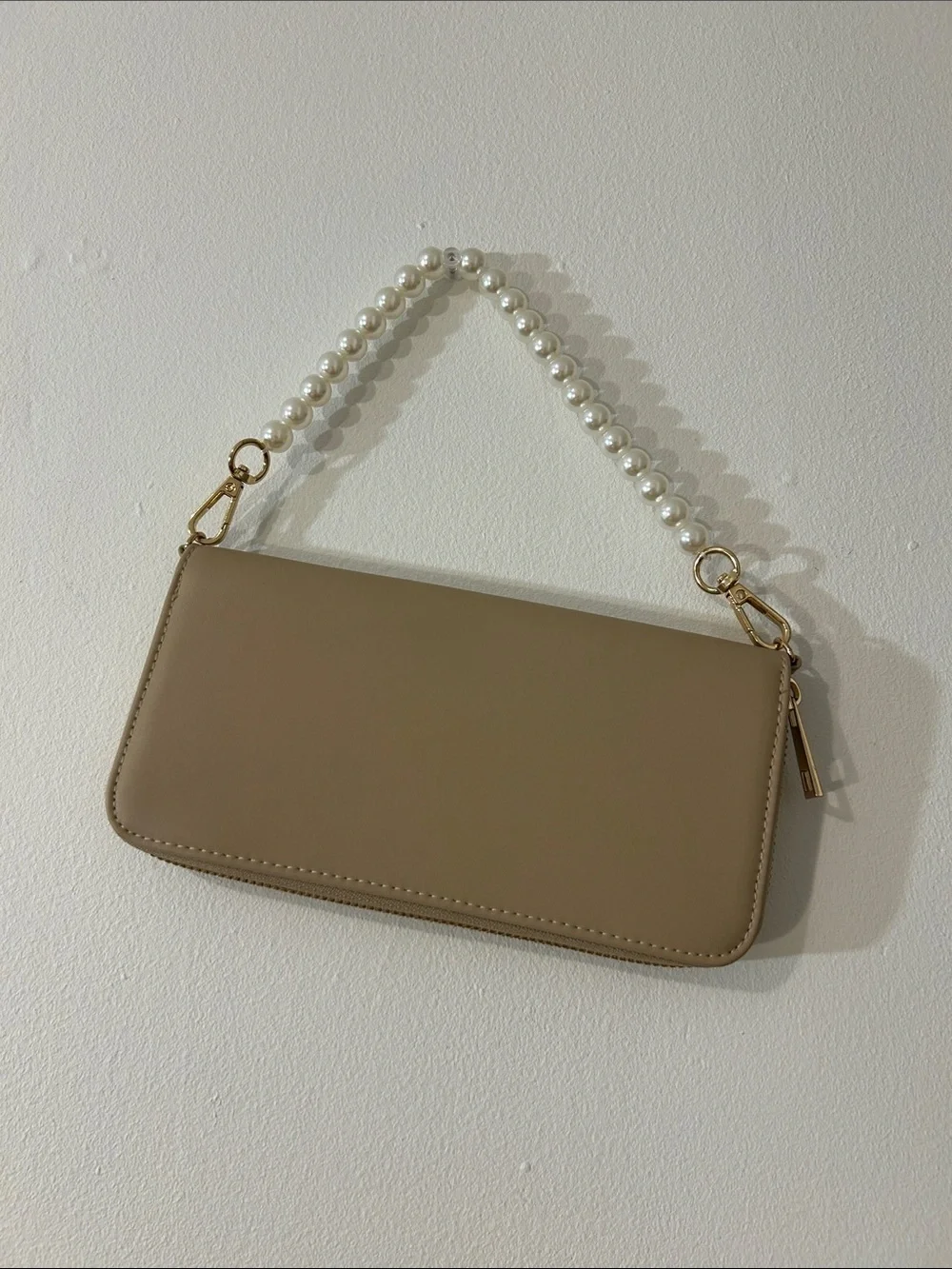 Beige Faux Leather Wristlet Wallet Clutch with Pearl Strap